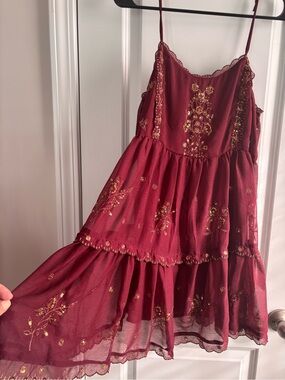 Burgundy Floral Embroidered Tiered Dress
